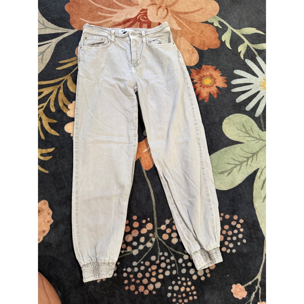 Zara Womens Light Gray Denim Joggers High Waisted Elastic Cuff Jeans Size Small